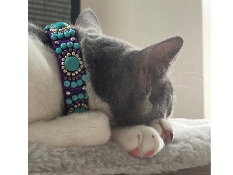 Custom Designer Cat Collar, Fancy Beaded Cat Collar, Pet Collar with Turquoise Howlite Beads, Semiprecious Stone Collar for Cat, Healing Cat image 4