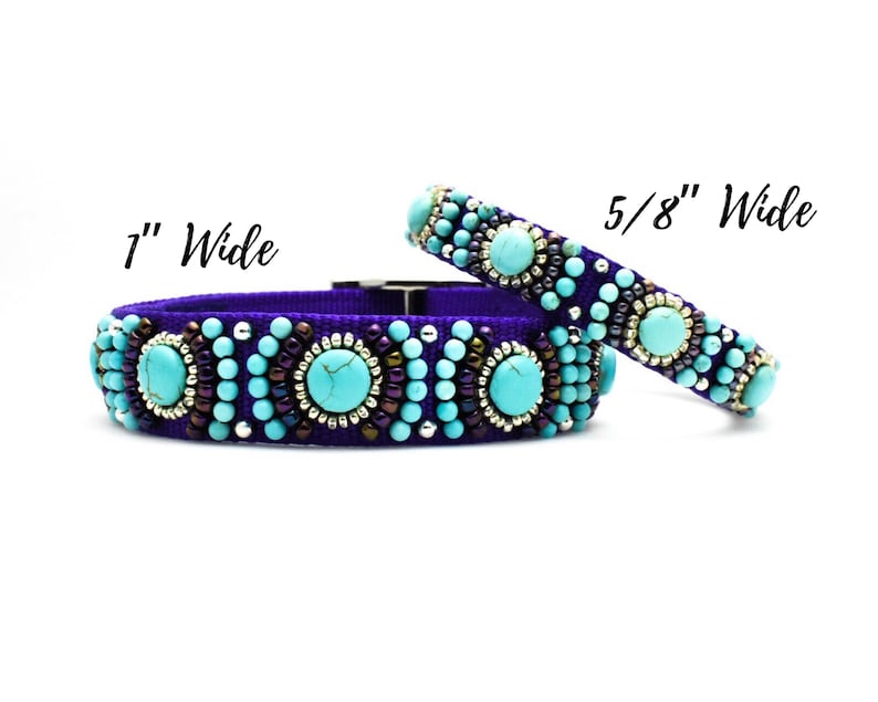 May include: Two beaded collars are shown, one 2.5 cm wide and the other 1.6 cm wide. The collars are purple with turquoise, silver, and brown beads. The text "1" Wide" and "5/8" Wide" are written on the image.