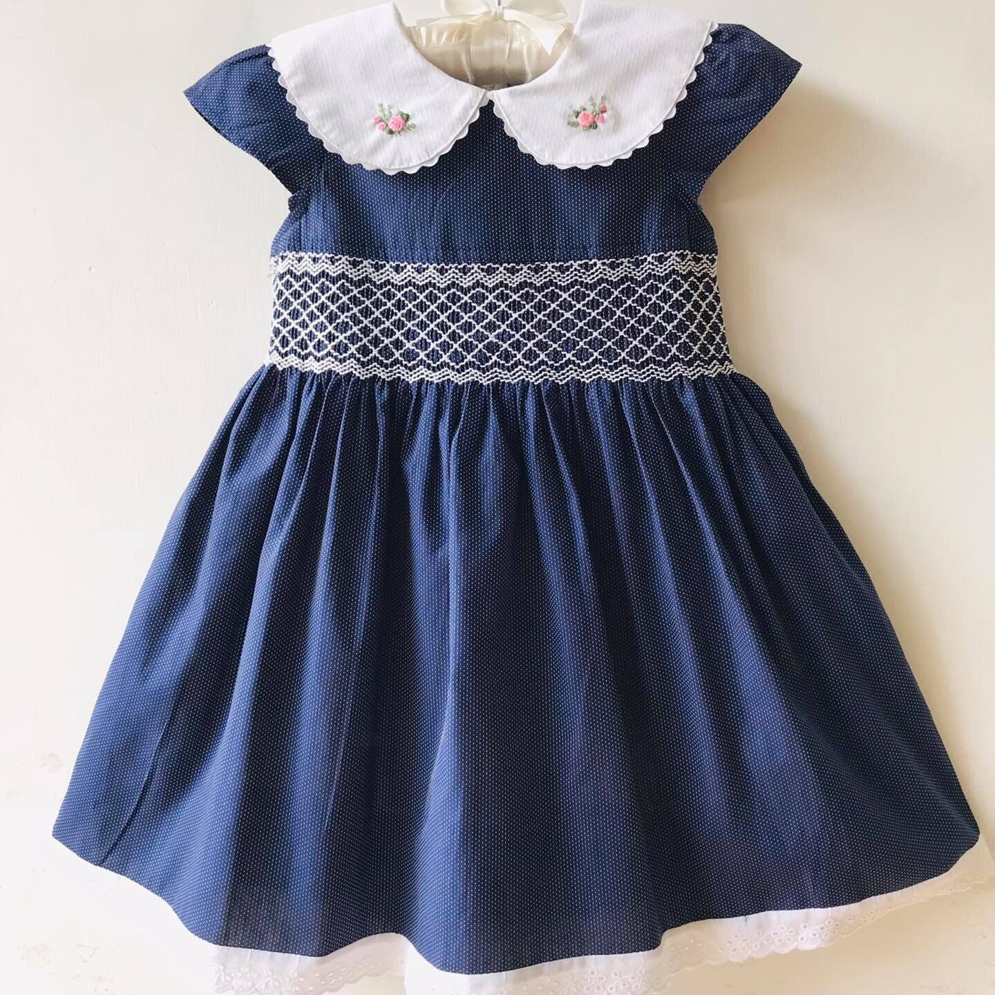 3 6M 6 9M 9 12M Smocked Navy Blue White Mini Polka Dot Dress