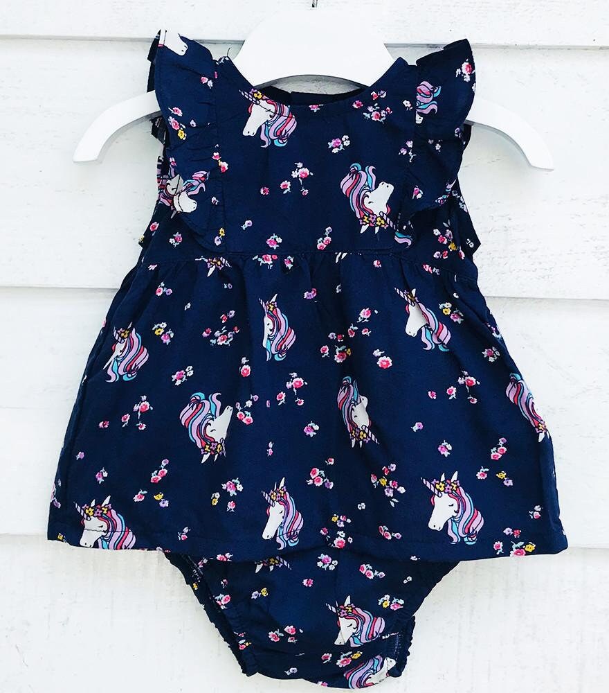 0-3M Navy Blue Unicorn Dress With Nappy 