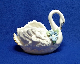 Vintage Ceramic Swan Trinket Dish / Planter / Candy Dish / Swan With Blue Flower / Swan Wedding Decor / AS IS