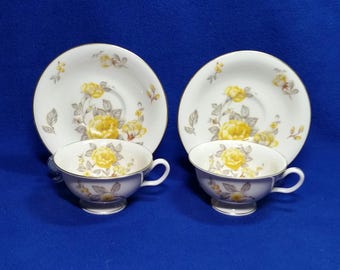 Vintage Yellow Roses Tea Cup and Saucer Set / Set of 2 / Mayfair Collection / Castleton China / Philip Costigan / Made In USA