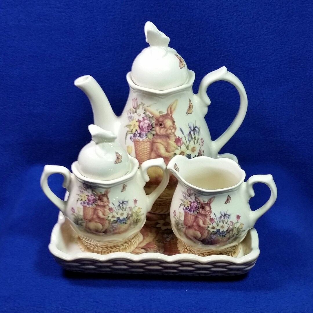 Vintage Cracker Barrel Easter Treasures Teapot Set / 6 Piece Set