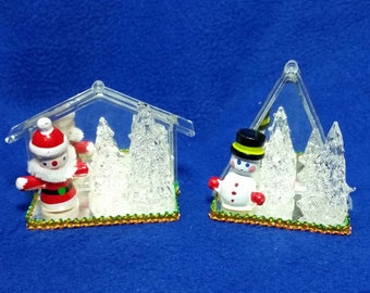 Vintage Wooden Santa Snowman With Spun Glass Christmas Trees on Mirrors Christmas Ornament Set / Spun Glass Christmas Trees / Set of 2