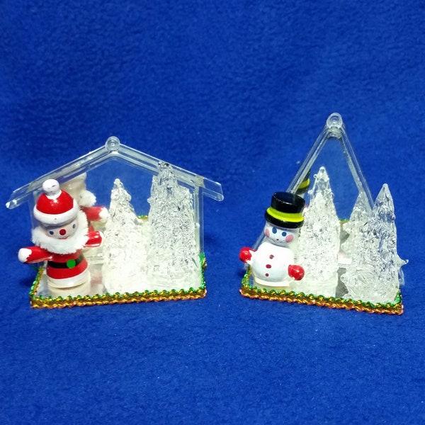 Vintage Wooden Santa Snowman With Spun Glass Christmas Trees on Mirrors Christmas Ornament Set / Spun Glass Christmas Trees / Set of 2