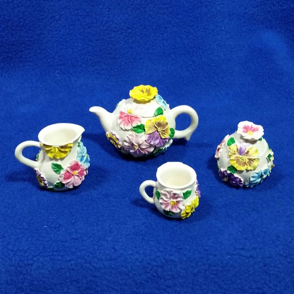Vintage Russ Berrie Miniature Blossoms n Butterflies Tea Set / Floral Mini Tea Set / Russ Berrie Mini Tea Set