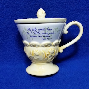Michel & Company Lidded Tea Cup / Psalm 121:2 / Flowers and Inlaid Cross / My Help Cometh From The Lord / AS IS