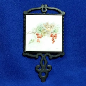 Vintage Cast Iron Wall Trivet / Bird On Branch Cast Iron Trivet / Black Cast Iron and Tile Trivet / Signed by Sylvia / 1960&#39;s Wall Trivet