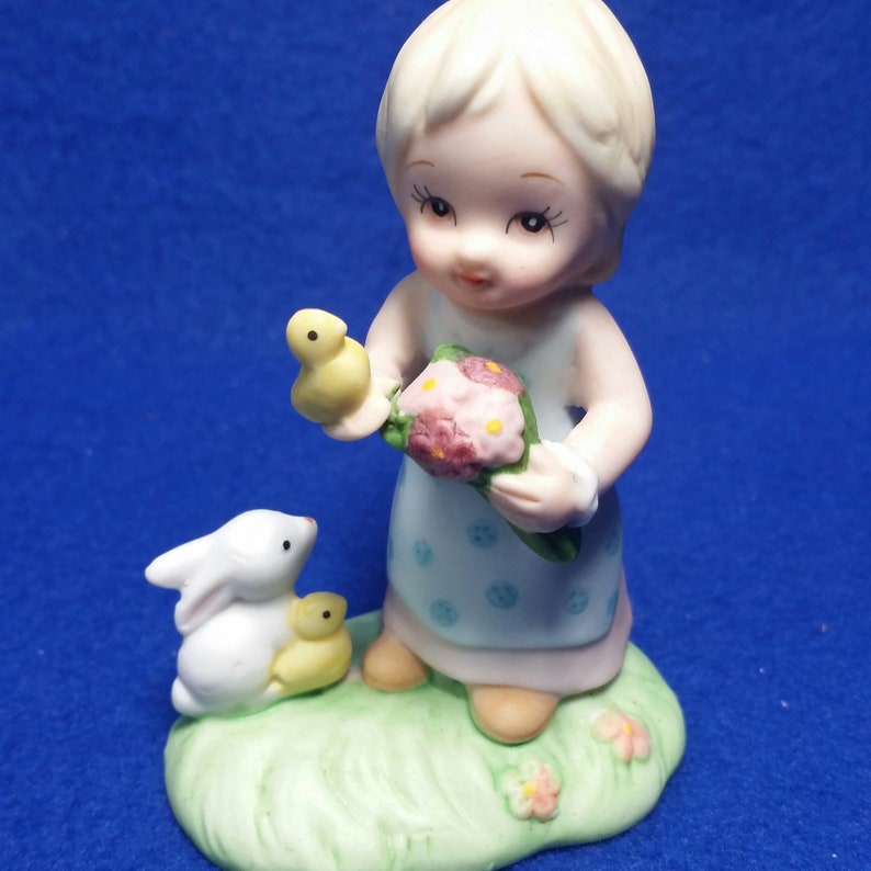 Lefton Girl Holding Baby Chick and Bouquet of Flowers Figurine Etsy