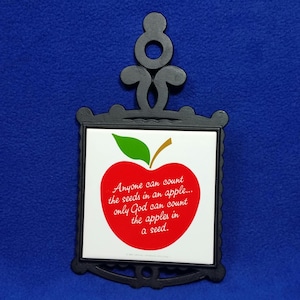 Vintage Apple Cast Iron and Ceramic Wall Trivet / Counting Apple Seeds / 1990&#39;s Wall Trivet / Religious Gift / Spiritual Gift / Hot Pad
