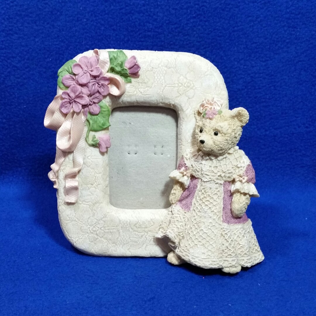 Vintage Teddy Bear Picture Frame / Bear in Lace Dress Picture Frame