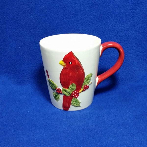 Vintage Cardinal Mug / Oversized Cardinal Mug / Cardinal on Holly and Berries / Oversized Christmas Cardinal Mug / Christmas Mug