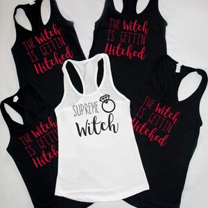 Halloween Wedding Supreme Witch The Witch is Gettin' hitched Bachelorette party tanks Matching Bachelorette photos Crew necks, V necks image 2