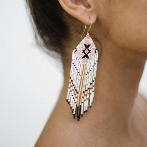 Boho Earrings, Mexican Beaded Earrings, Huichol Indian Earrings, Long ethnic Earrings, Tassel Earrings, Beaded Tribal Earrings