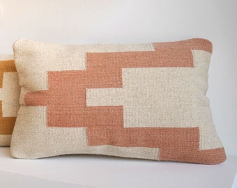 Temple Mexican Woven Lumbar pillow, Handmade Mexican Pillow, Decorative Throw Pillow, Handwoven Wool cushion, Boho throw pillow