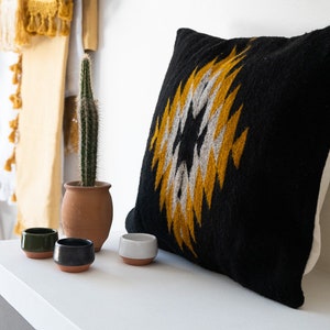 Zapotec Pillow, Bohemian Decorative Cushion Pillow Throw Pillow; Mexican Handmade; Black & Yellow Accent; 50x50cm image 2
