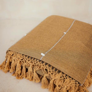 Mustard Woven Blanket With Tassel, Mexican Cotton Blanket, Boho blanket, Moroccan style throw blanket, bohemian throw blanket, Woven Blanket image 1