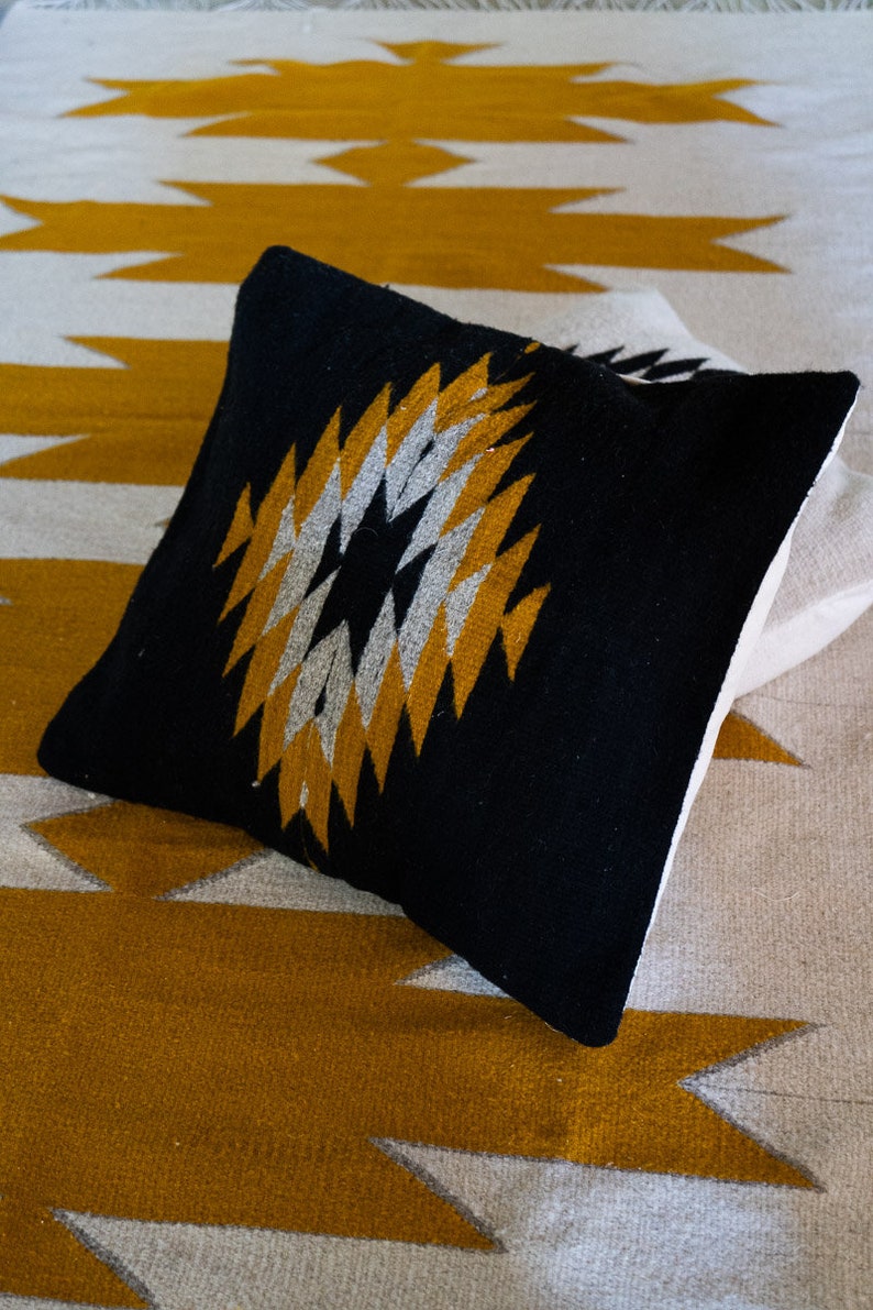 Zapotec Pillow, Bohemian Decorative Cushion Pillow Throw Pillow; Mexican Handmade; Black & Yellow Accent; 50x50cm image 5