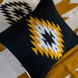 Zapotec Pillow, Bohemian Decorative Cushion Pillow Throw Pillow; Mexican Handmade; Black & Yellow Accent; 50x50cm image 3