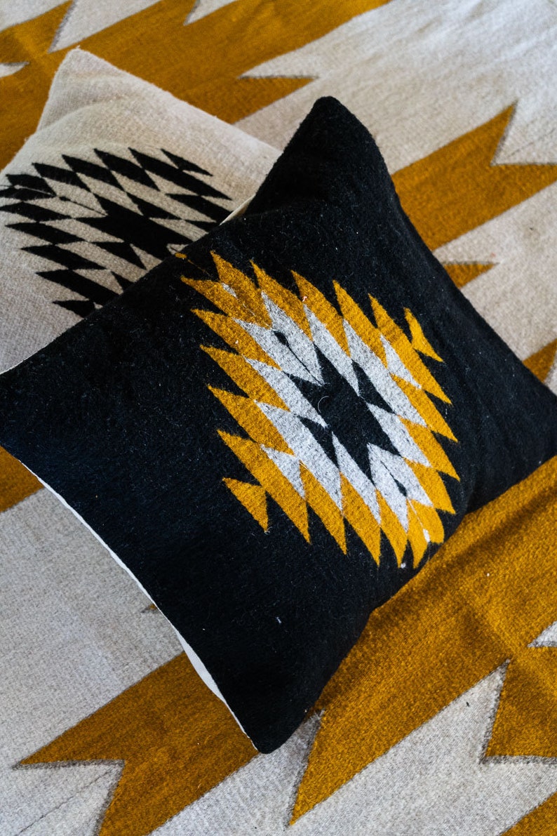 Zapotec Pillow, Bohemian Decorative Cushion Pillow Throw Pillow; Mexican Handmade; Black & Yellow Accent; 50x50cm image 3