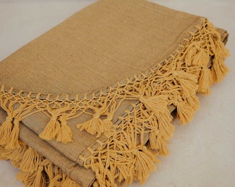 Mustard Handwoven Cotton Blanket, Boho Throw with Tassels