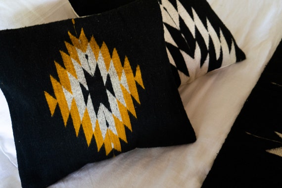 Zapotec Pillow, Bohemian Decorative Cushion Pillow Throw Pillow; Mexican Handmade; Black & Yellow Accent; 50x50cm