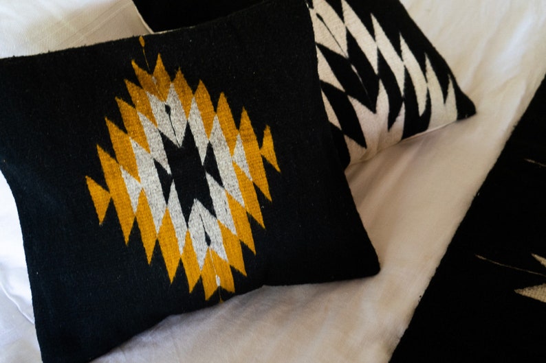 Zapotec Pillow, Bohemian Decorative Cushion Pillow Throw Pillow; Mexican Handmade; Black & Yellow Accent; 50x50cm image 1