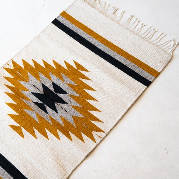 Mexican Rug Zapotec Diamond Rug; Handmade Wool Rug; Natural Beige With Mustard, Grey and Black