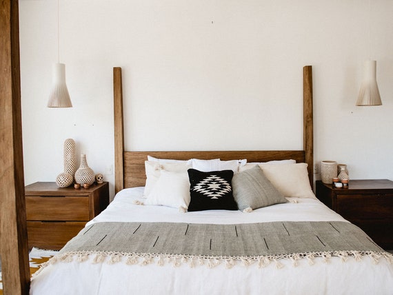 Handwoven Mexican Blanket Grey White Cotton Blanket Boho Blanket