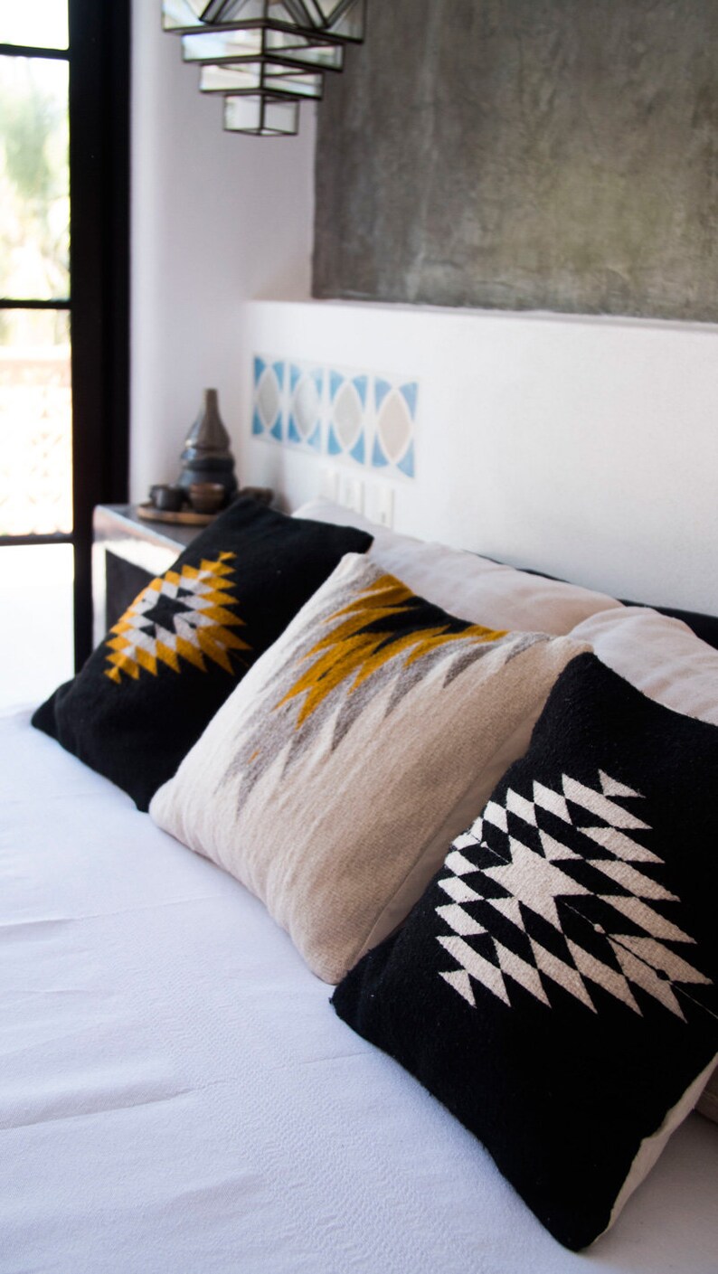 Zapotec Pillow, Bohemian Decorative Cushion Pillow Throw Pillow; Mexican Handmade; Black & Yellow Accent; 50x50cm image 4