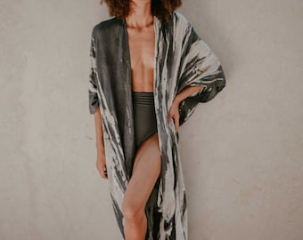 Longo Boho Kimono Maxi Robe Charcoal Splash - Jet