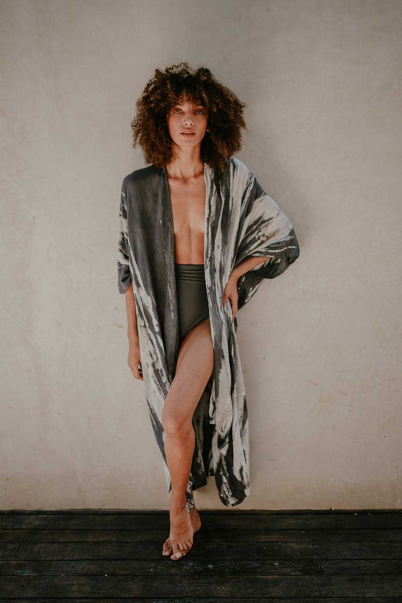 Long Boho Kimono Maxi Robe Charcoal Splash - Jet