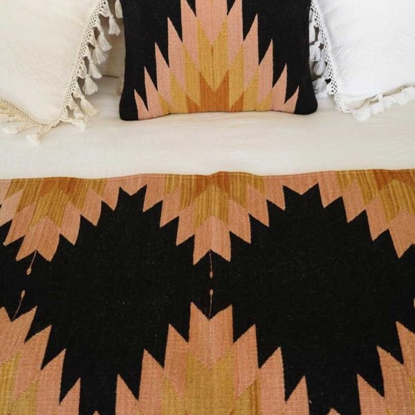 Handwoven Mexican Rug Oaxacan Woven Rugs - Flor de Desierto Mexican Woven Rug | Black base with Desert Rose + clay