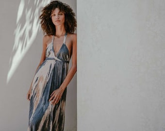 Halter Dress Maxi Blue Skies Charcoal Splash Summer Dress