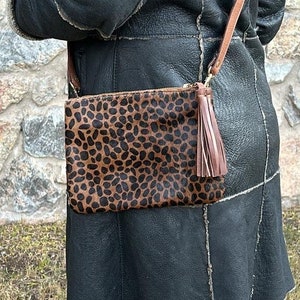 Women Crossbody Leather Bag, Brown Cheetah Print Calfskin Bag , Crossbody Leopard Print Bag, Leather Waist Bag, Animal Print Bum Bag, Gift