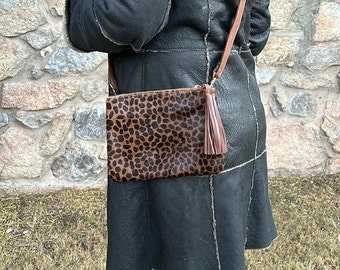 Cowhide Crossbody Bag - Brown Cheetah Print on Calfskin Bag -  Cowhide Leather Bag, crossbody bag, leather purse, gifts for her.