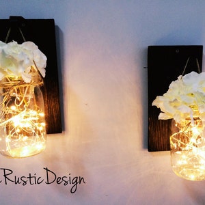 Set of 2 Lighted Mason Jar Sconces with Hydrangeas, Mason Jar Wall Decor, Rustic Wall Decor, Lighted Mason Jars, Fairy lights, Canada