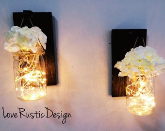 Set of 2 Lighted Mason Jar Sconces with Hydrangeas, Mason Jar Wall Decor, Rustic Wall Decor, Lighted Mason Jars, Fairy lights, Canada