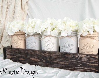 5 Neutral Toned Mason Jar Centerpiece in Rustic Planter, Rustic Home Decor, Mason Jar Decor, Rustic Decor, Canada, Mason Jar Centerpieces