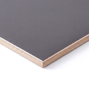 May include: A rectangular sheet of plywood featuring a smooth, dark charcoal grey matte surface on the top side. The edges reveal the layered construction of the wood, showing alternating light and dark horizontal grain lines throughout the thickness.