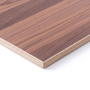 May include: A rectangular sheet of plywood featuring a dark brown wood grain veneer on the top surface. The side edge displays the layered construction of the wood, showing multiple thin, light-coloured horizontal strata of pressed timber.