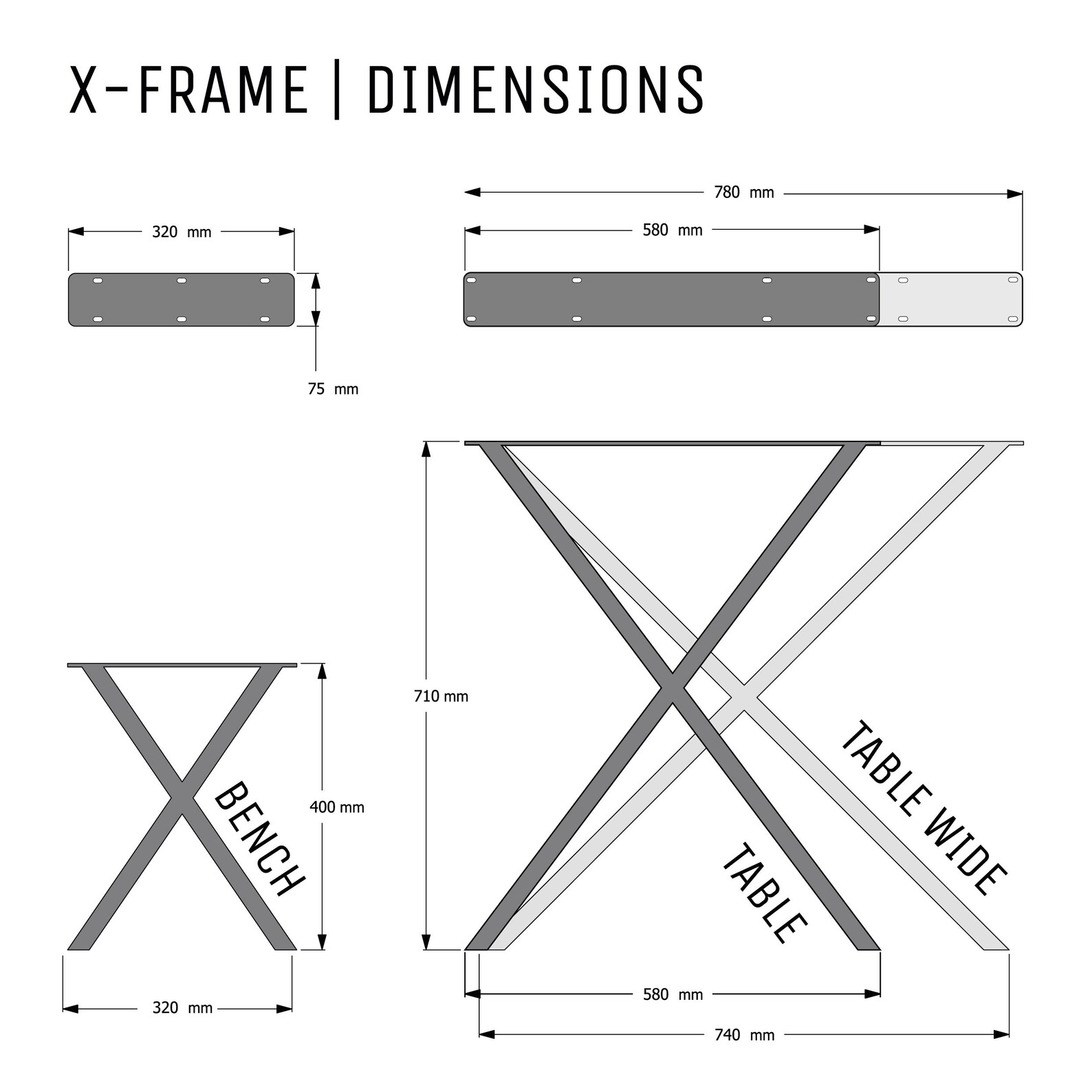 Industrial Table Legs - X-frame Design - Box Section Steel, Various ...