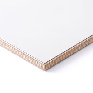 May include: A rectangular sheet of plywood featuring a smooth, solid white top surface. The edges of the board reveal the natural, light brown layered wood grain texture characteristic of multi-ply construction, showing the stacked veneer layers.