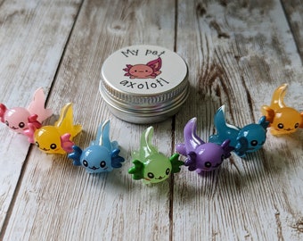 The original My pet axolotl. Cute little pet axolotl. Pocket pet in tin. Available in a choice of 7 different colours!