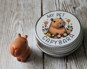 My pet capybara. Cute little pet capybara. Pocket pet in tin.