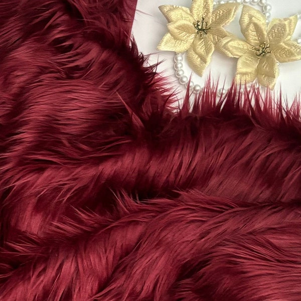 Bianna RUBY RED BURGUNDY Long Pile Faux Fur Fabric, High Quality Shag Shaggy Material in Pieces, Squares for Crafts, Fursuit, Cosplay