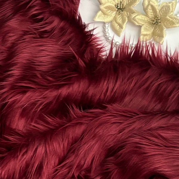 Bianna  by the yard RUBY RED BURGUNDY Long Pile Faux Fur Fabric, High Quality Shag Shaggy Materialfor Crafts, Fursuit, Cosplay Costumes