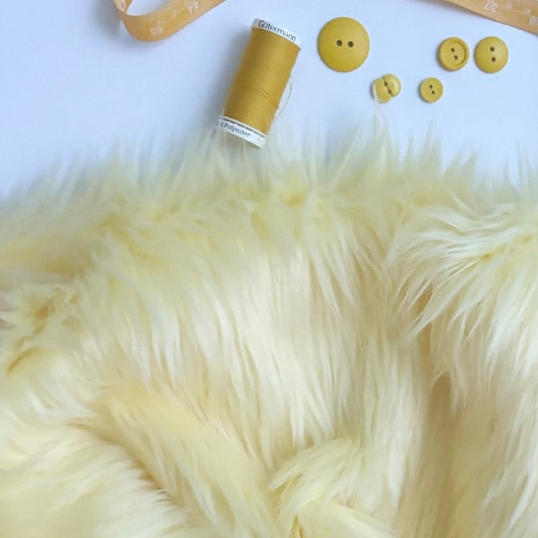 Bianna Gorgeous PASTEL BANANA YELLOW 2" Long Pile Faux Fur Fabric, Shag Shaggy Material in Pieces Squares for Crafts, Fursuit