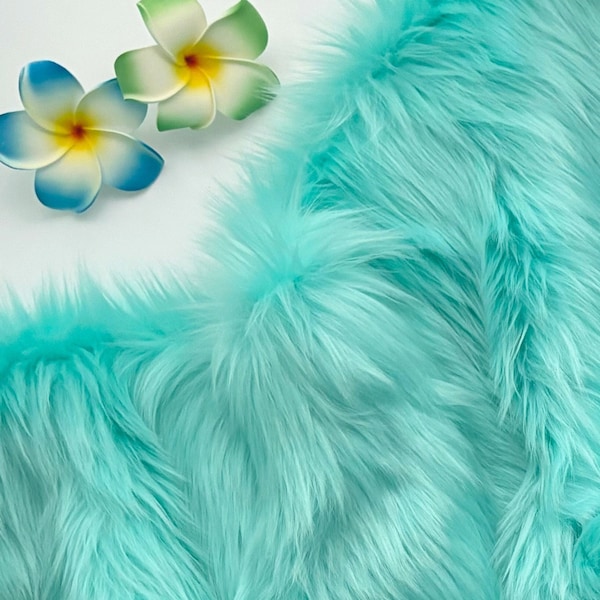 Bianna ACQUA ARUBA BLUE Long Pile Faux Fur Fabric Pieces, Pastel Pale High Quality Shag Shaggy Material Squares for Crafts