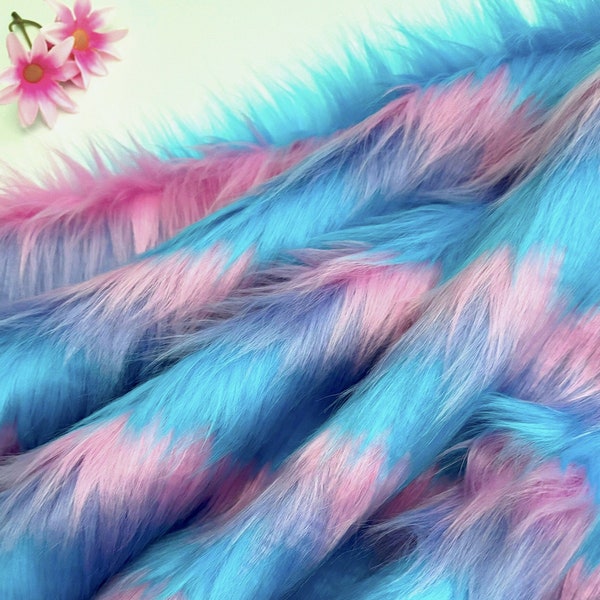 Bianna Tricolor Blue Pink Purple Striped Faux Fur Fabric Piece, 1.5" pile 3-tone, animal friendly, DIY Craft Supplies Square